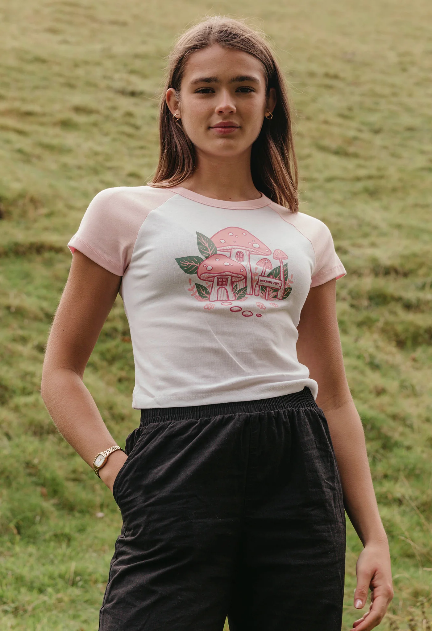 Mushroom Pink House Printed Micro Rib Baby Tee - Image 3