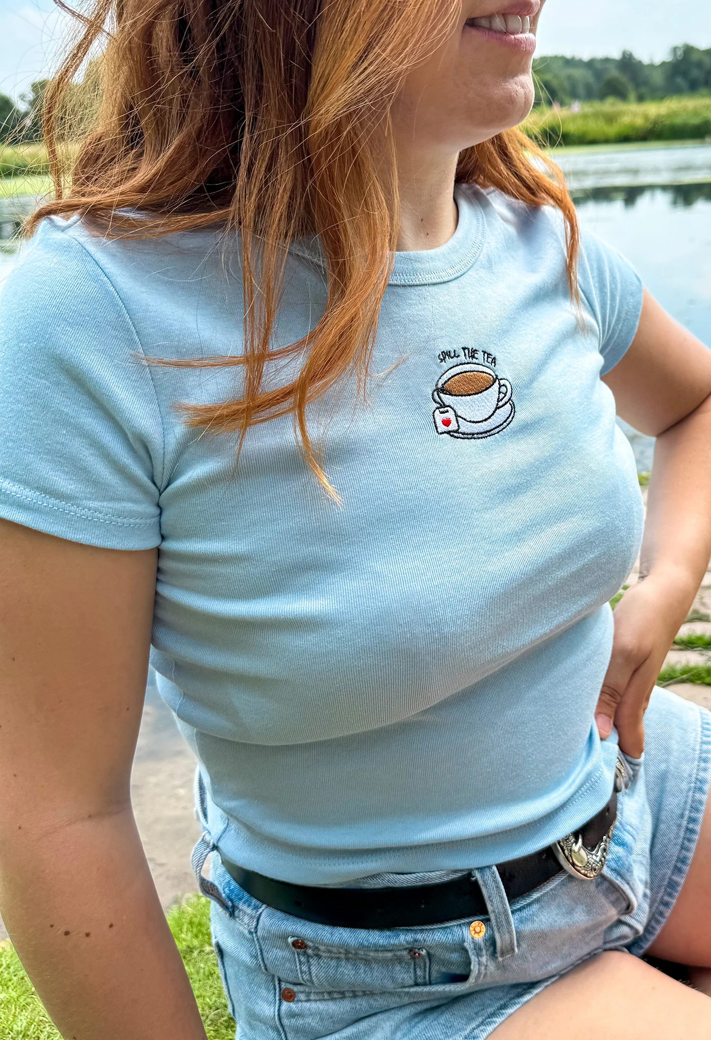 Spill The Tea Embroidered Micro Rib Baby Tee - Image 4