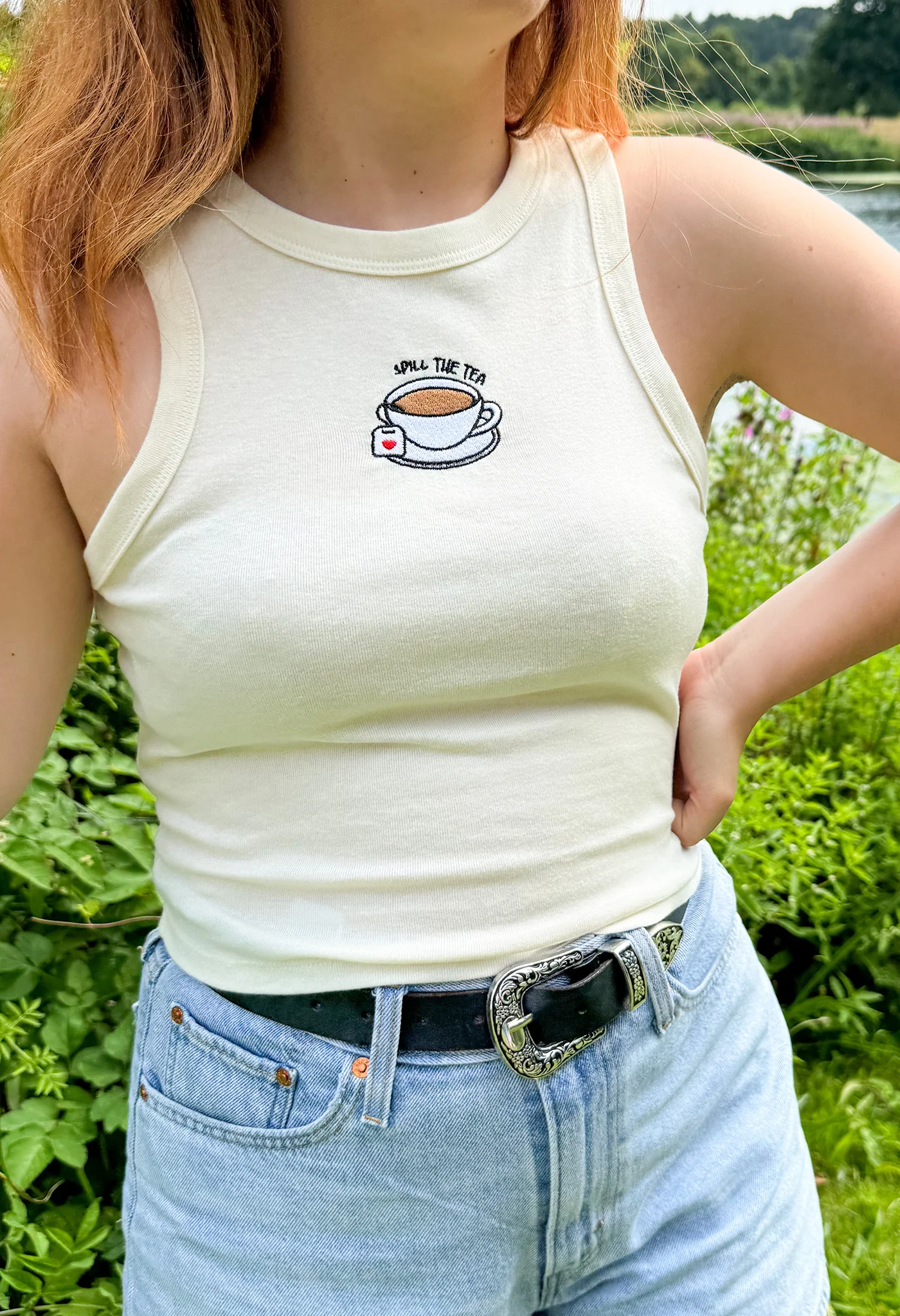 Spill The Tea Embroidered Micro Rib Racer Vest - Image 3