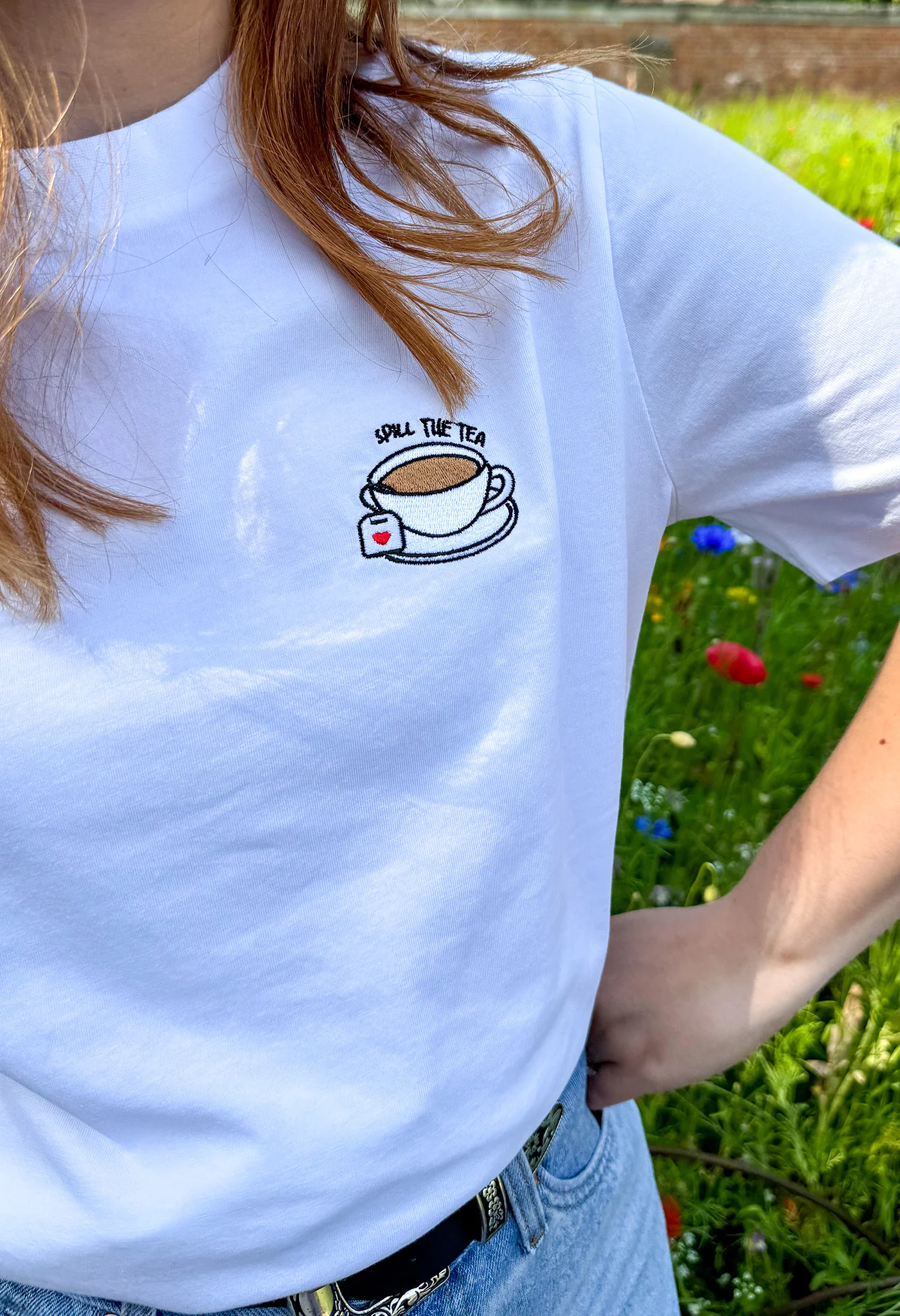 Spill The Tea Embroidered Organic Cotton T-Shirt - Image 4